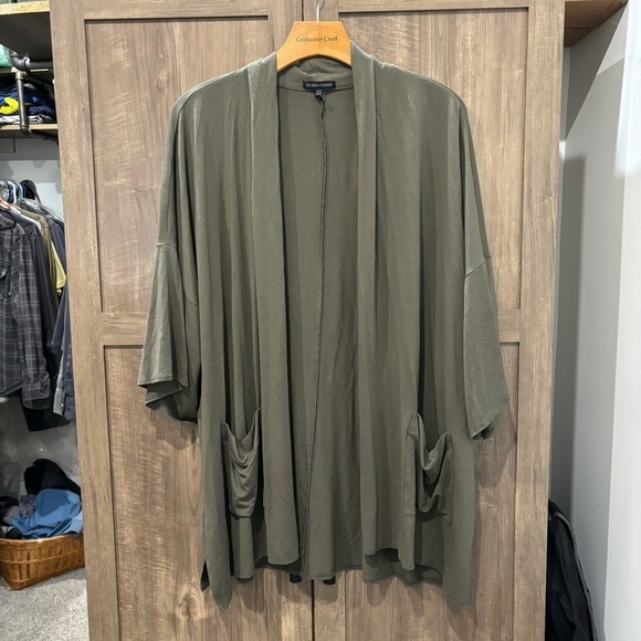 Eileen Fisher XL Cardigan Viscose Stretch Green Open Kimono 3/4 Sleeves - Picture 1 of 10